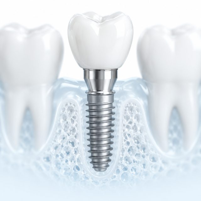 Illustration en 3D d'un implant dentaire entre deux dents